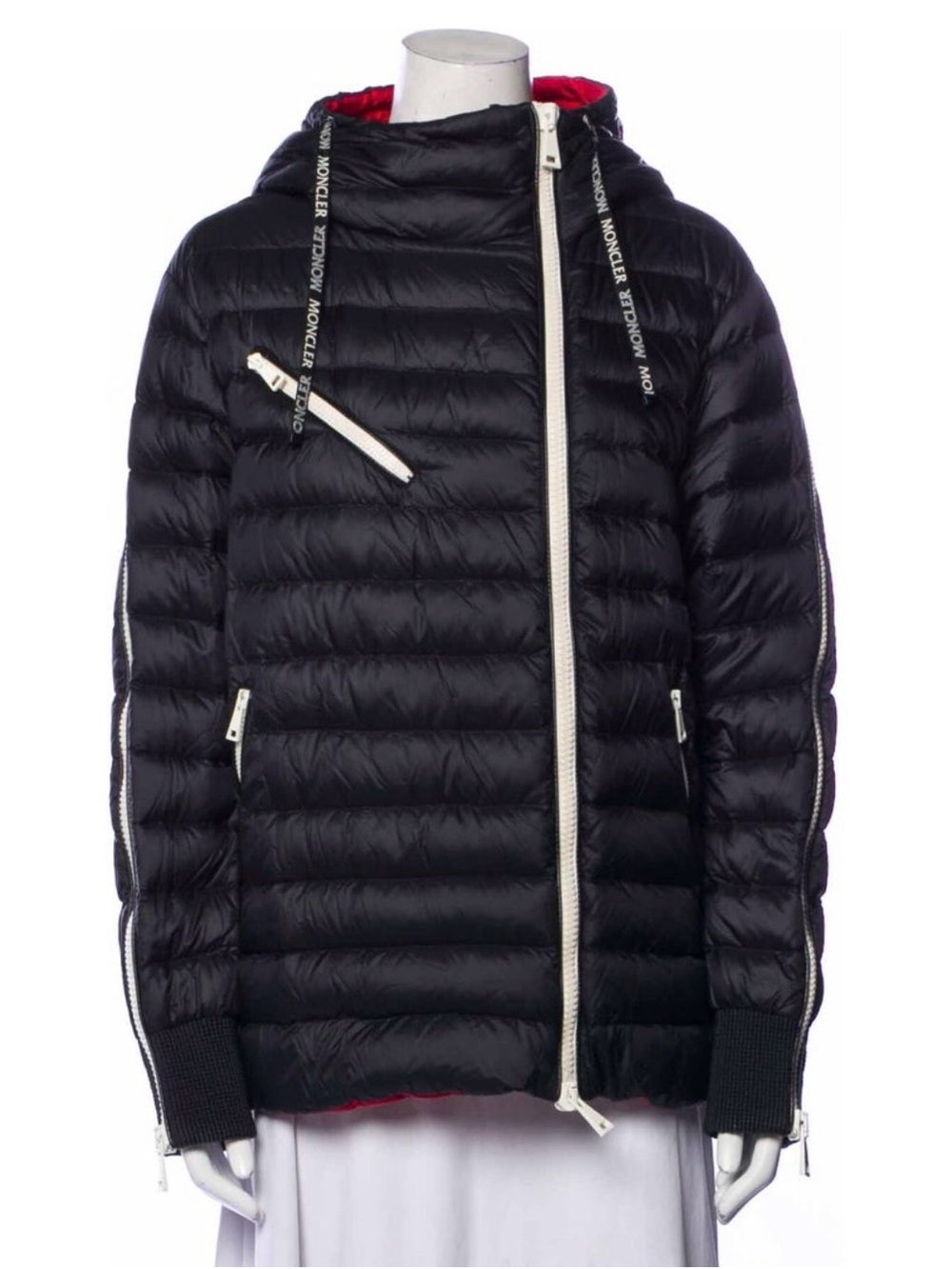 Moncler Black Quilted Hooded Down Puffer with Red Lining